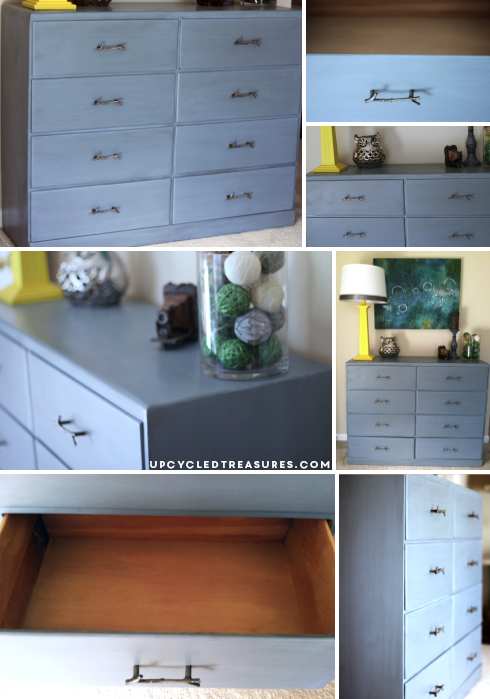 Blue Dresser Makeover with Rustic Hardware! Take a look at how I transformed an old pink dresser using blue paint and rustic hardware. UpcycledTreasures.com