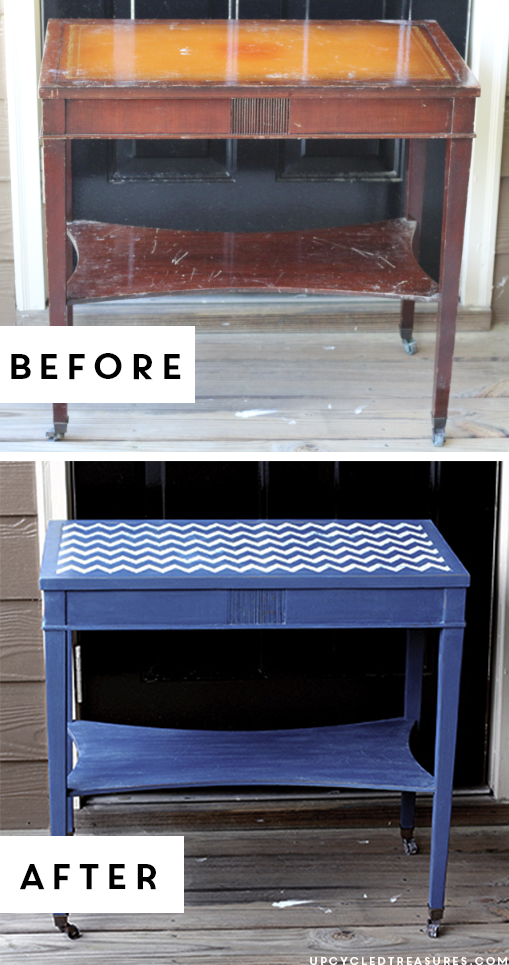 A thrifted side table gets a makeover using navy DIY chalk paint and a chevron stencil! Chevron Accent Table with DIY chalk paint. UpcycledTreasures.com