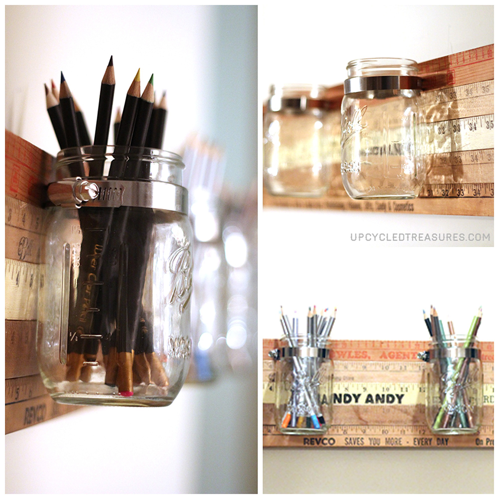 Looking for a creative storage solution? Check out how to create a mason jar wall storage using vintage yardsticks! UpcycledTreasures.com