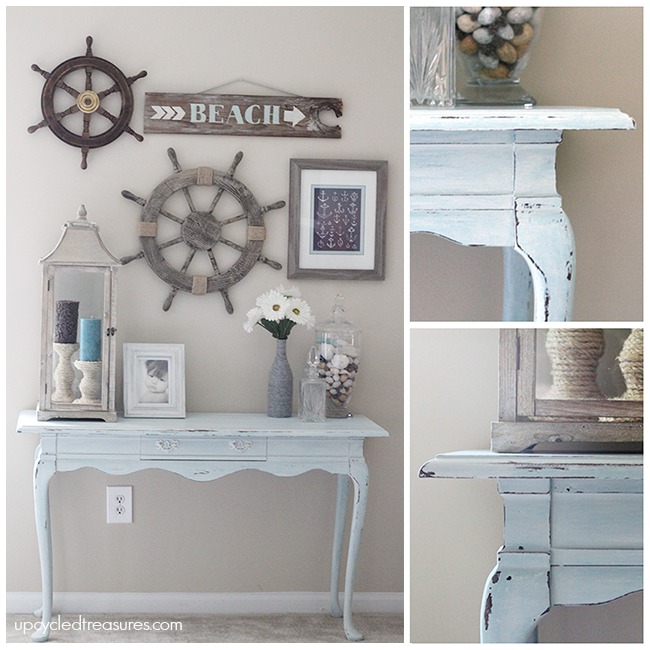 Beach Inspired Console Table - Check out the before and after photos of my beach inspired console/sofa table. UpcycledTreasures.com