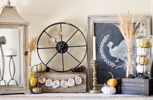 Create a rustic Thanksgiving vignette using thrifted finds and items from nature. 
