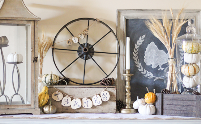 Create a rustic Thanksgiving vignette using thrifted finds and items from nature. 