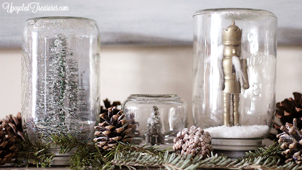 DIY Mason Jar Snow Globes! How to make waterless mason jar snow globes, including a creative and whimsical way to give gift cards! UpcycledTreasures.com