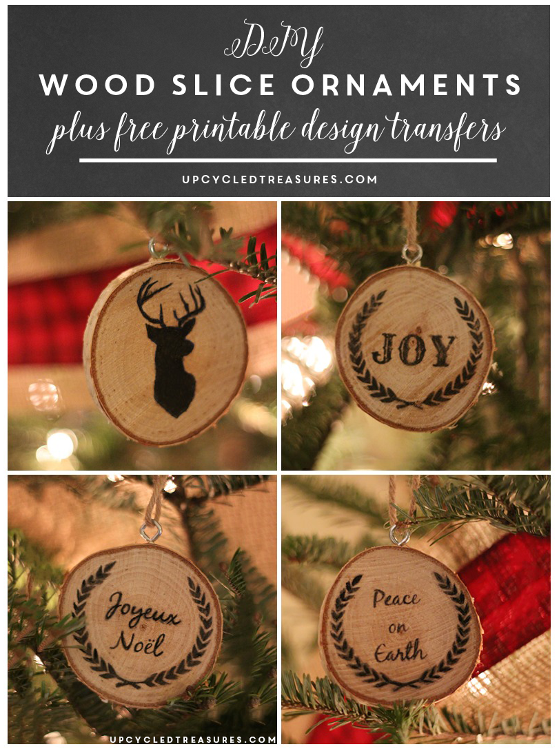 Take a look at how to make your own DIY wood slice Christmas ornaments! Plus FREE Printables to use for easy image transfer! UpcycledTreasures.com
