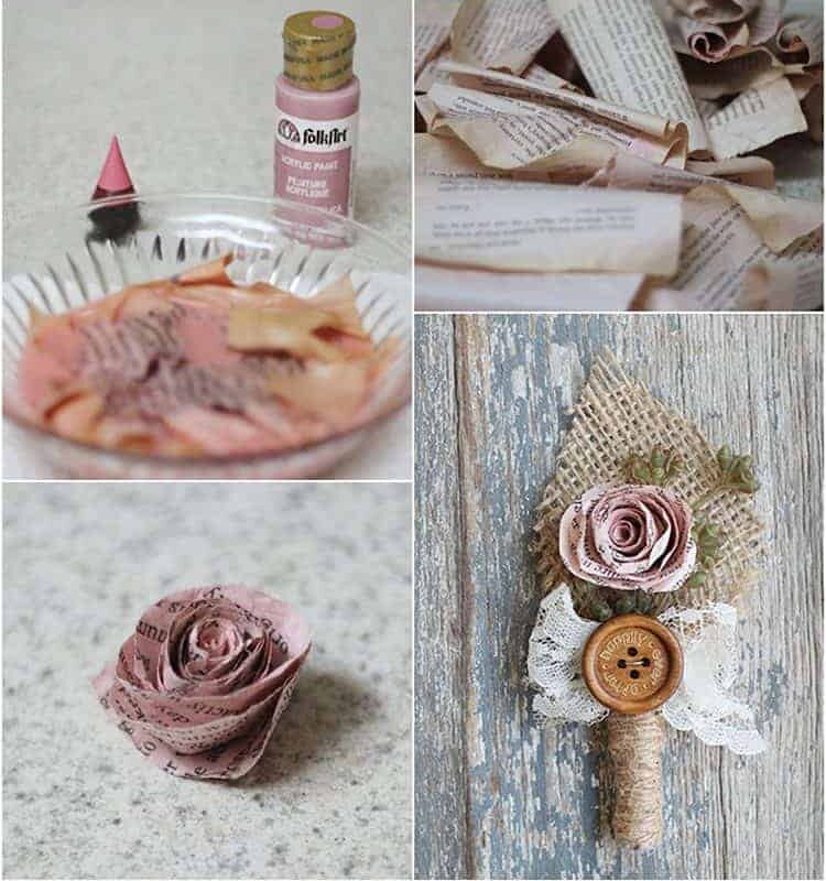 How to make Book Page Flowers for Boutonnieres. Create flowers for using dyed book pages for a vintage inspired wedding. MountainModernLife.com