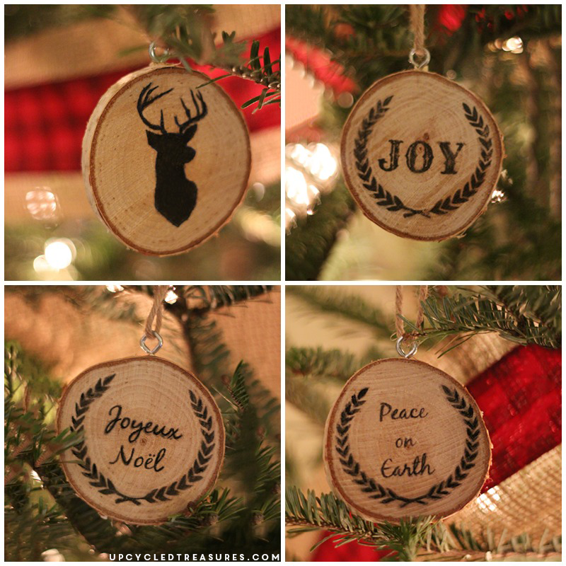 Take a look at how to make your own DIY wood slice Christmas ornaments! Plus FREE Printables to use for easy image transfer! UpcycledTreasures.com