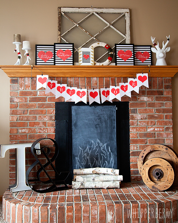 20 Valentine Craft Ideas that you can do last minute | Valentine Mantel Decor with FREE Printables | Whipperberry
