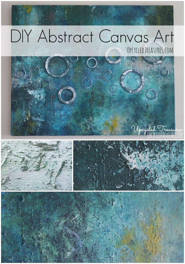 DIY Abstract Canvas Art! Check out how to create DIY abstract art using canvas, acrylic paints, fabric, sand & washers. UpcycledTreasures.com