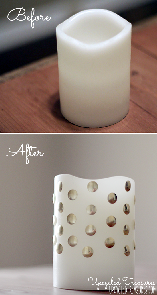 Spruce up {faux} Candles with Thumbtacks! Gussy up those plain white LED candles you have sitting around using brass thumbtacks! UpcycledTreasures.com