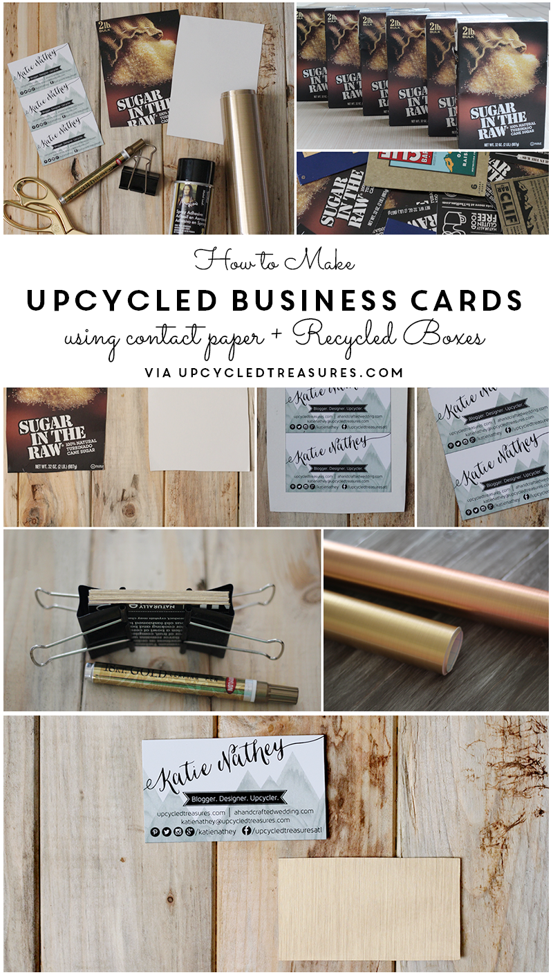 Looking for new business cards? Check out how to make upcycled DIY business cards with contact paper and recycled boxes! upcycledtreasures.com