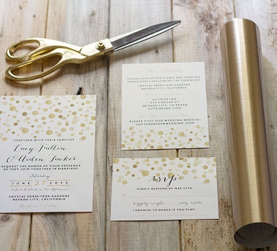 adding gold contact paper to diy wedding invitations mountainmodernlife.com