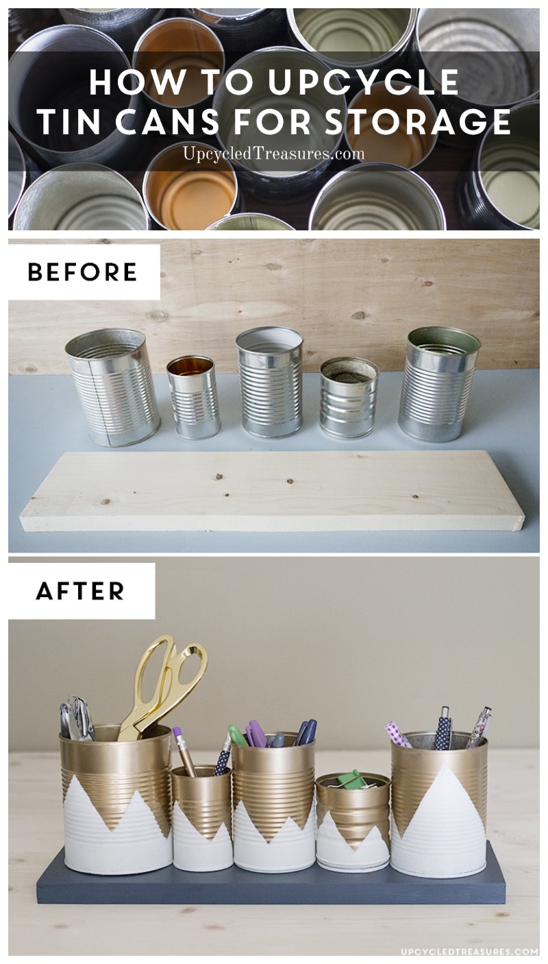 Need something cute to organize desk space, but don't have a huge budget? Check out this Upcycled Tin Can Organizer! UpcycledTreasures.com