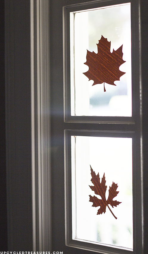Fall window decals on window by entrance closer up. MountainModernLife.com