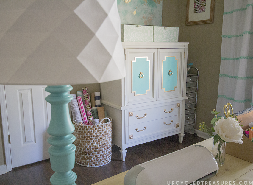 gold-and-aqua-armoire-makeover-in-craft-room-upcycledtreasures