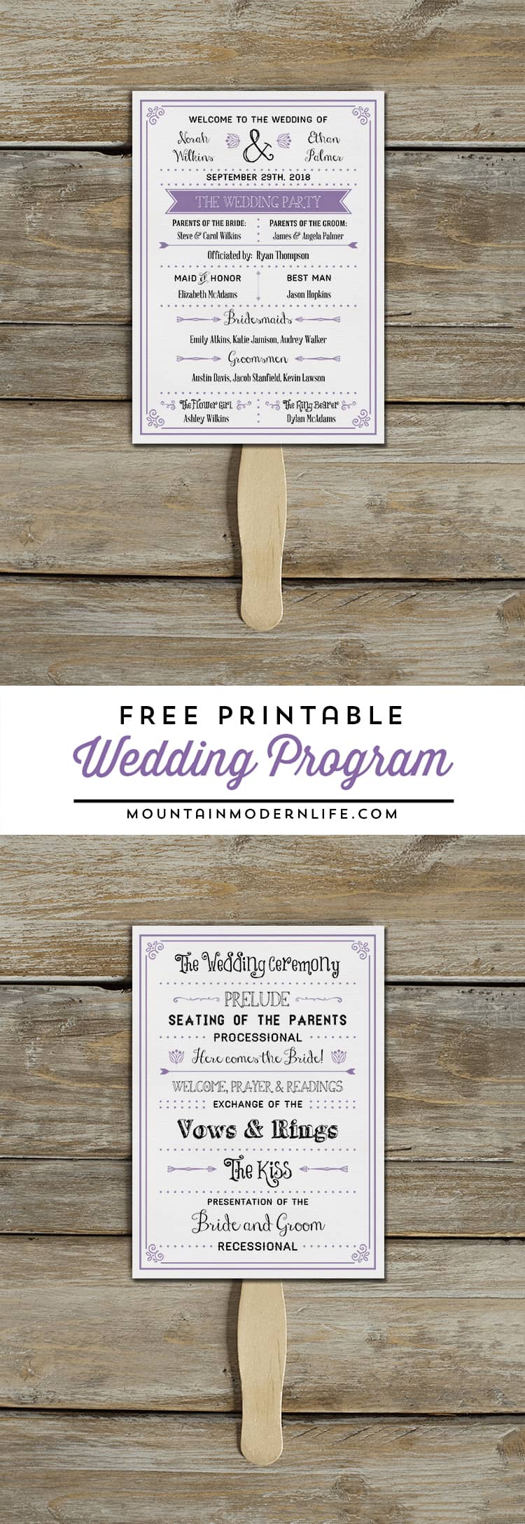 Planning a rustic or vintage-inspired wedding? Download this FREE Printable Wedding Program that doubles as a fan! MountainModernLife.com