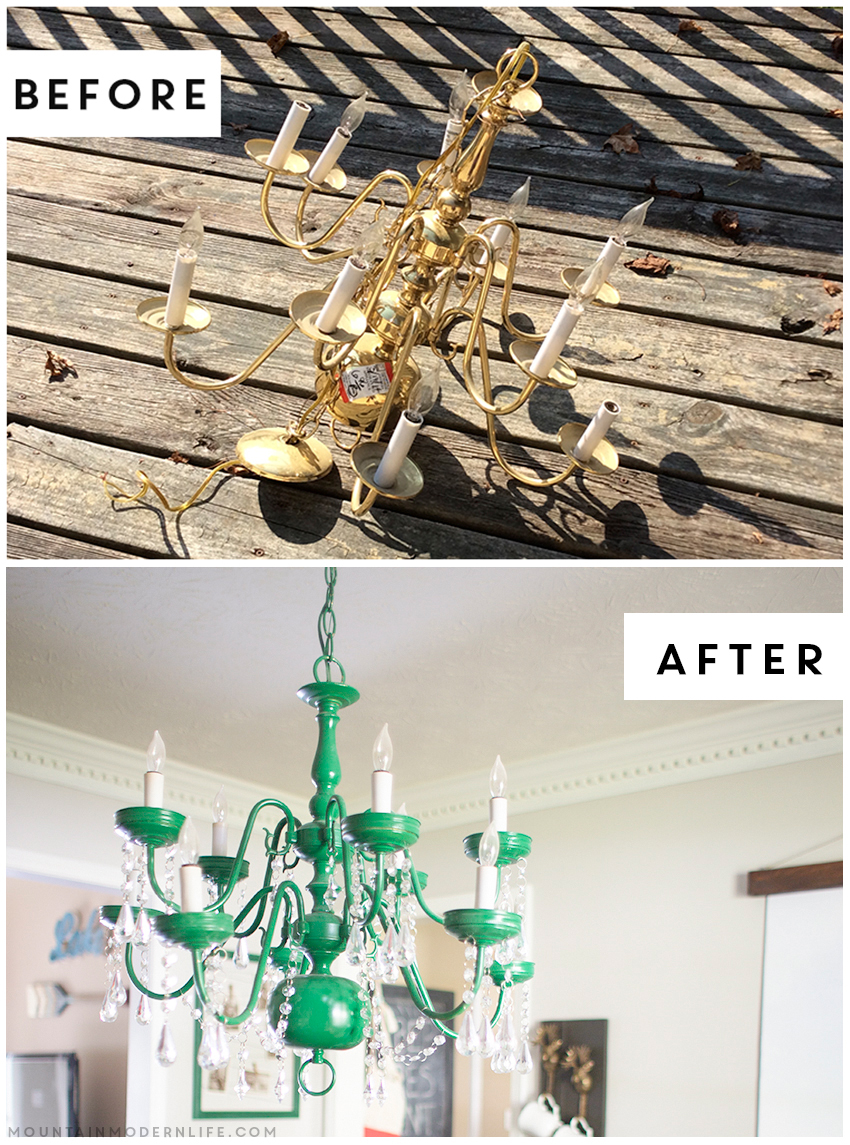 See how easy it is to create a vintage-inspired chandelier from a thrifted light fixture using spray paint and acrylic crystals! mountainmodernlife.com
