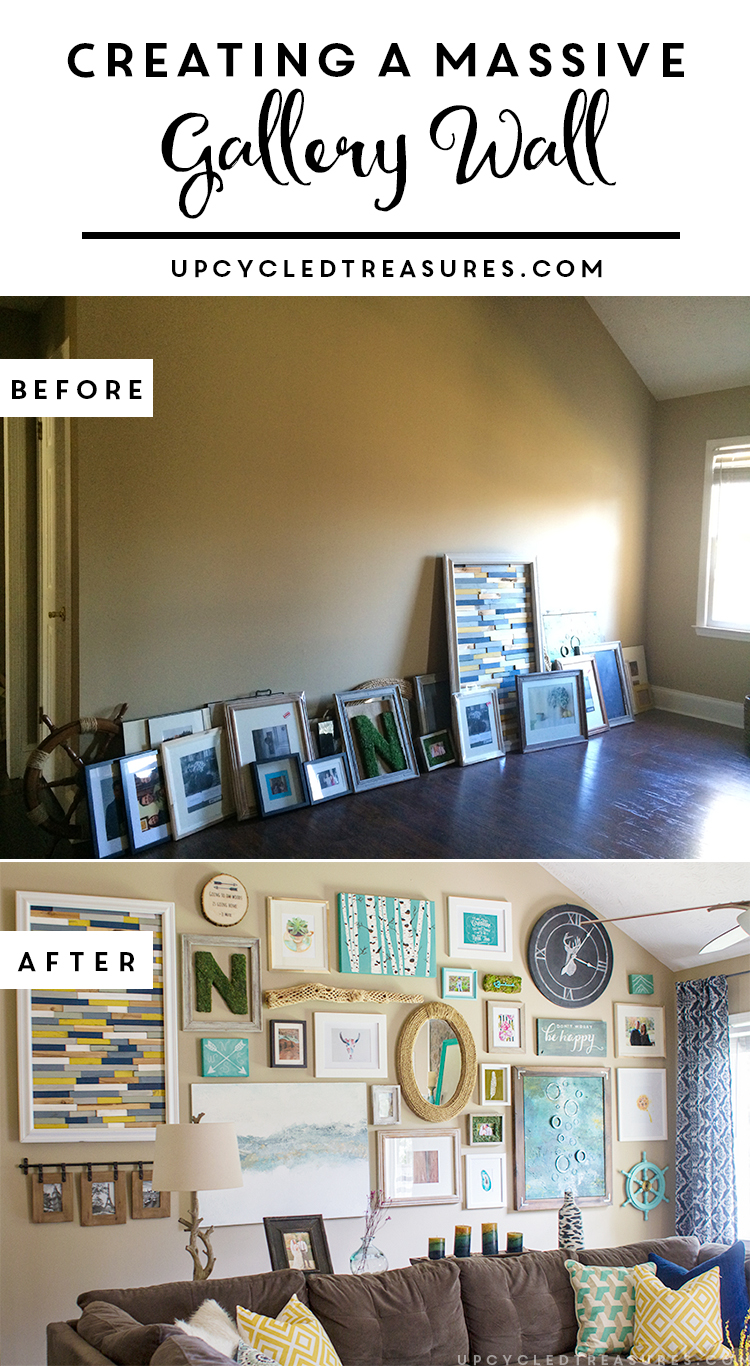 Need a way to fill the empty space on a large wall? How to Create a Massive Gallery Wall filled with DIY projects and upcycled finds. MountainModernLife.com