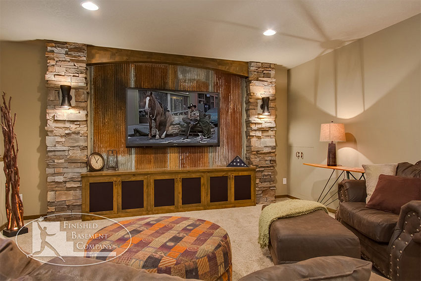 Rustic Basement Design with Reclaimed Corrugated Metal | Finished Basement Company