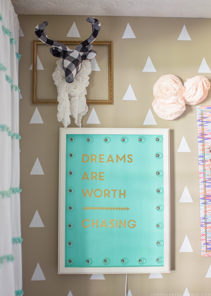 "Dreams are worth Chasing" marquee wall art, which was the first DIY Gold Foil Wall art we made. MountainModernLife.com
