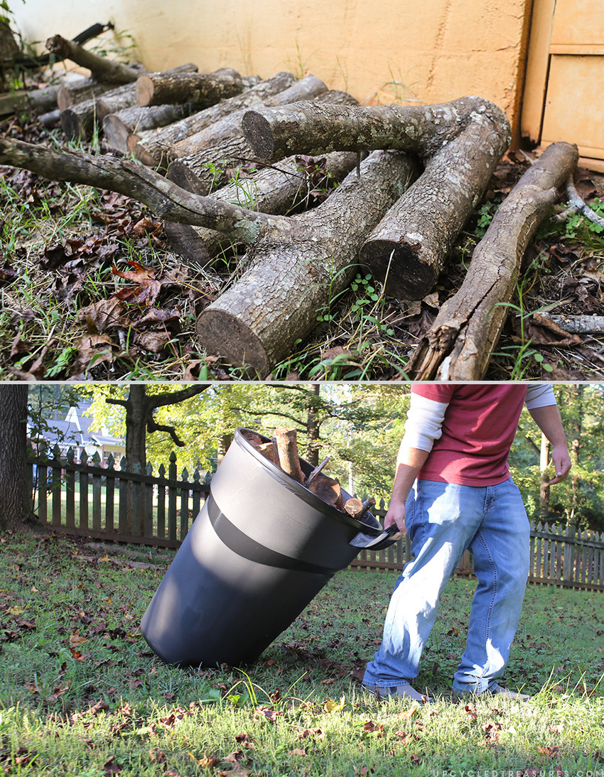 Using trash can to clean up yard and organize scrap wood. MountainModernLife.com