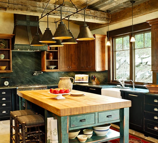 mountain living rustic green kitchen Jordan Design Studios