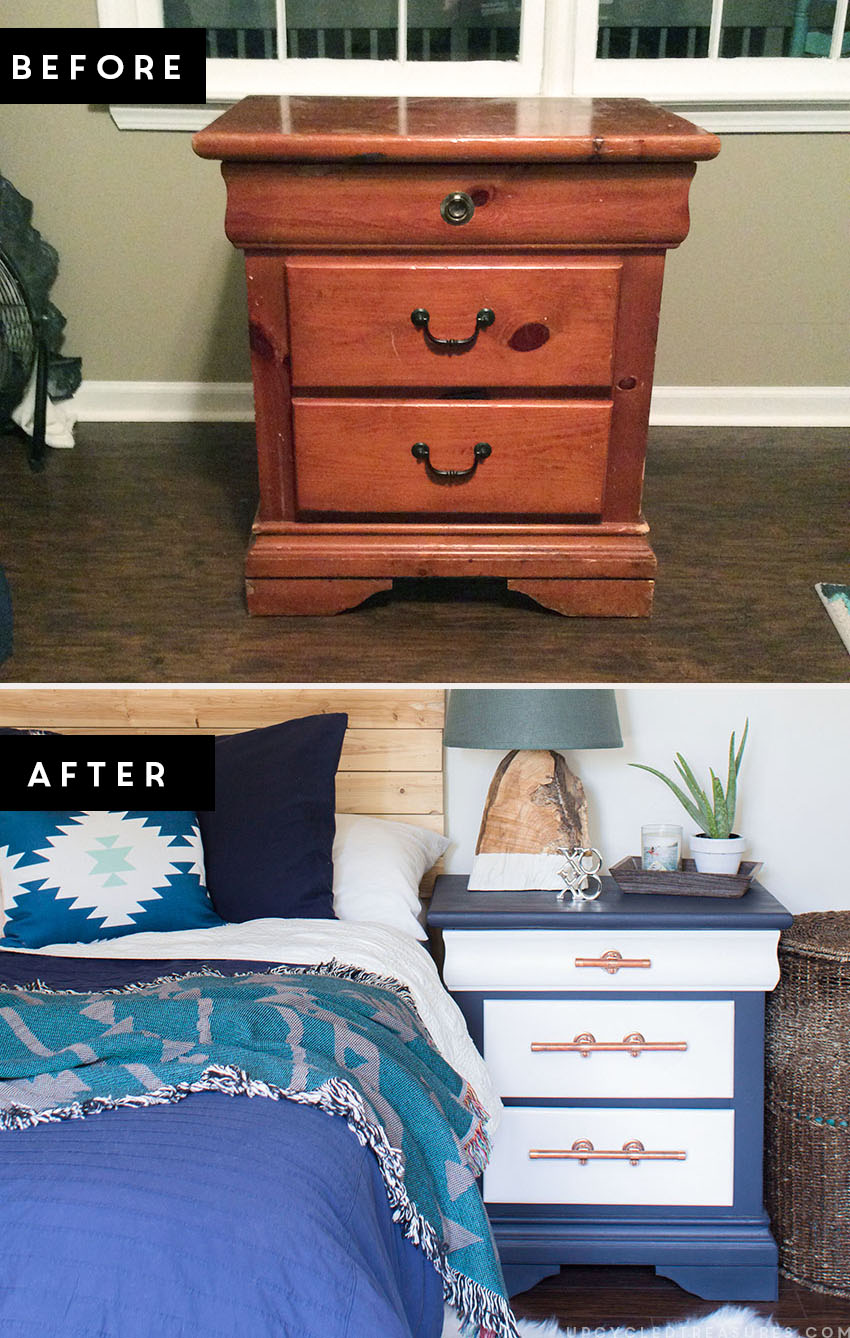 LOVING this color combination of navy and white mixed with the copper pipe drawer pulls on this gorgeous nightstand transformation! MountainModernlife.com