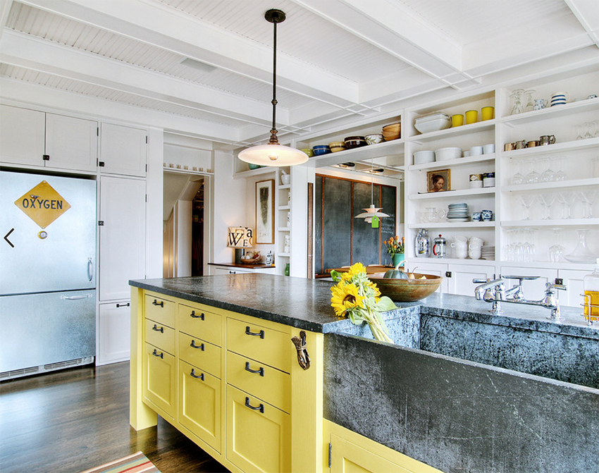 Stunning Kitchen Designs with 2-Toned Cabinets | Eclectic Kitchen with Yellow+White Two-Toned Cabinets via Houzz by J.A.S Design Build