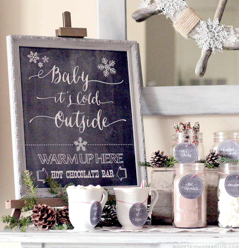 FREE Hot Chocolate Bar Printable that says "Baby It's Cold Outside". Perfect for holiday parties or weddings! MountainModernLife.com