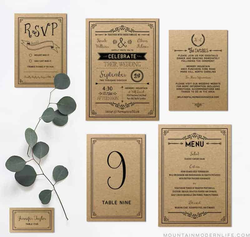 Printable Rustic Invitation Set - Black Printed on Kraft Paper
