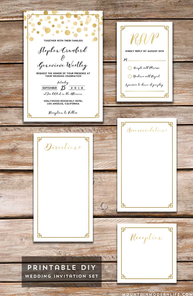 Save money by personalizing this printable Modern Gold DIY Wedding Invitation Set with your own wedding details, and then print as many copies as you need! MountainModernLife.com