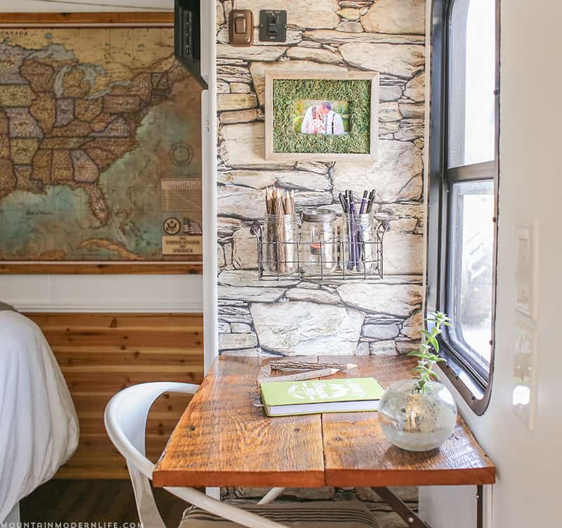 Looking for a non-permanent way to spruce up your RV walls? This wallpaper is lightweight, easily removable, and a great solution for the indecisive! Perfect for creating a temporary rustic accent wall. MountainModernLife.com
