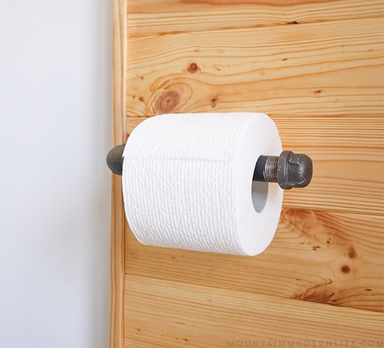 Washroom with Rustic Wooden Shelf Pipe Toilet Paper Holder for Bathroom 