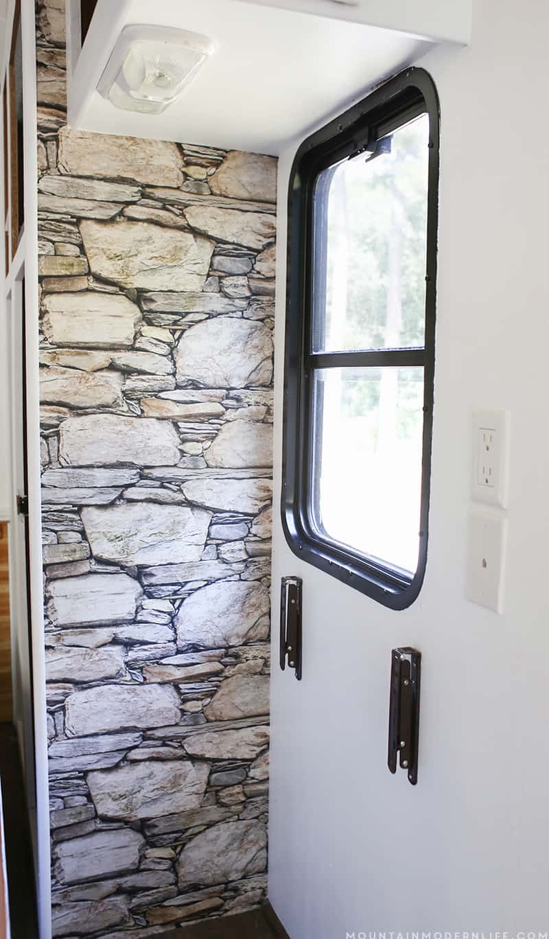 Looking for a non-permanent way to spruce up your RV walls? This wallpaper is lightweight, easily removable, and a great solution for the indecisive! Perfect for creating a temporary rustic accent wall. MountainModernLife.com