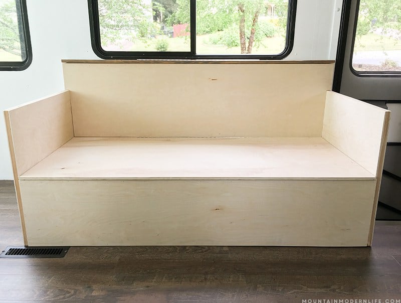 custom rv sofa with all plywood pieces added mountainmodernlife.com