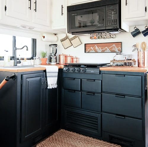 RV Kitchen Remodel with black cabinets | MountainModernLife.com