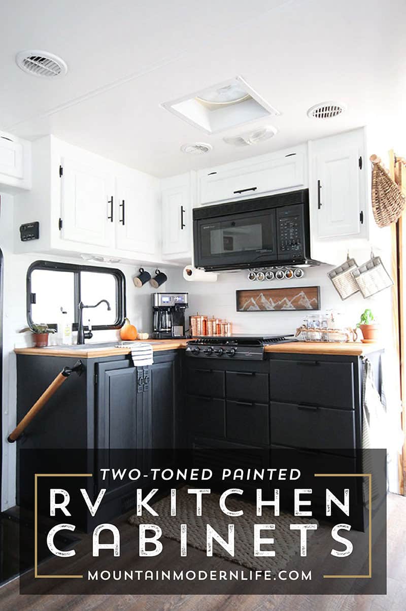 Planning to paint your tiny kitchen and considering using black? Check out these two-toned painted RV kitchen cabinets!