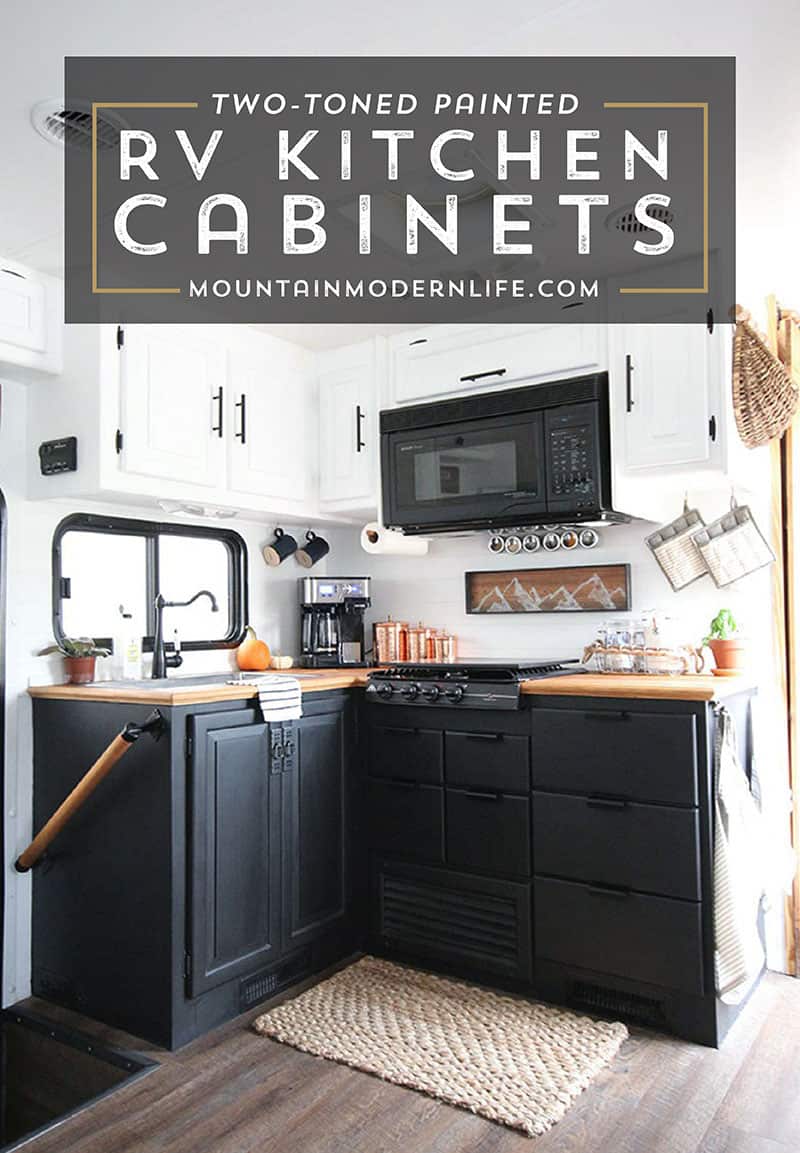 Planning to paint your tiny kitchen and considering using black? Check out these two-toned painted RV kitchen cabinets!