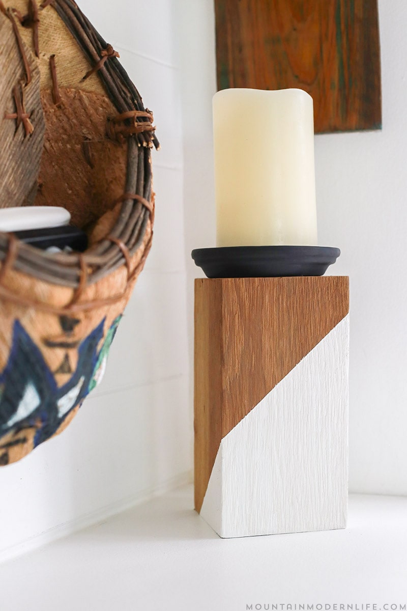 See how easy it is to make these Rustic Modern Candle Holders using scrap wood and terra cotta clay saucers! MountainModernLife.com