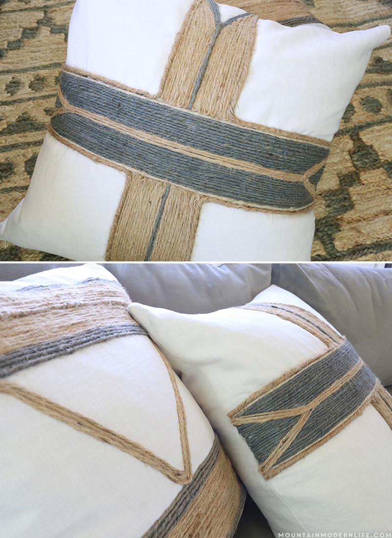 See how easy it is to create these no-sew rustic pillows using twine, liquid stitch, and a little imagination! MountainModernLife.com