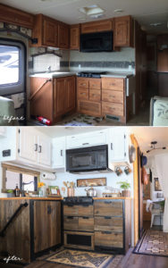 Thinking about renovating your camper? Come see how we used reclaimed wood to create a rustic modern RV kitchen! MountainModernLife.com
