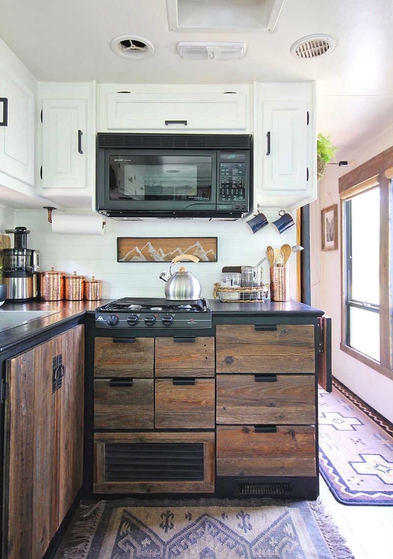 Reclaimed Cabinets inside RV kitchen
