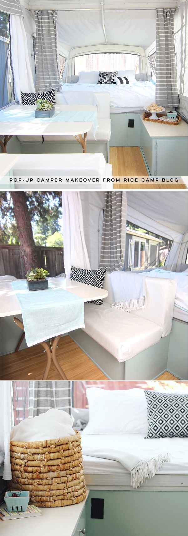 This pop-up camper makeover is bright, airy, and ready for summer! Photo from Rice Camp Blog | Featured on MountainModernLife.com