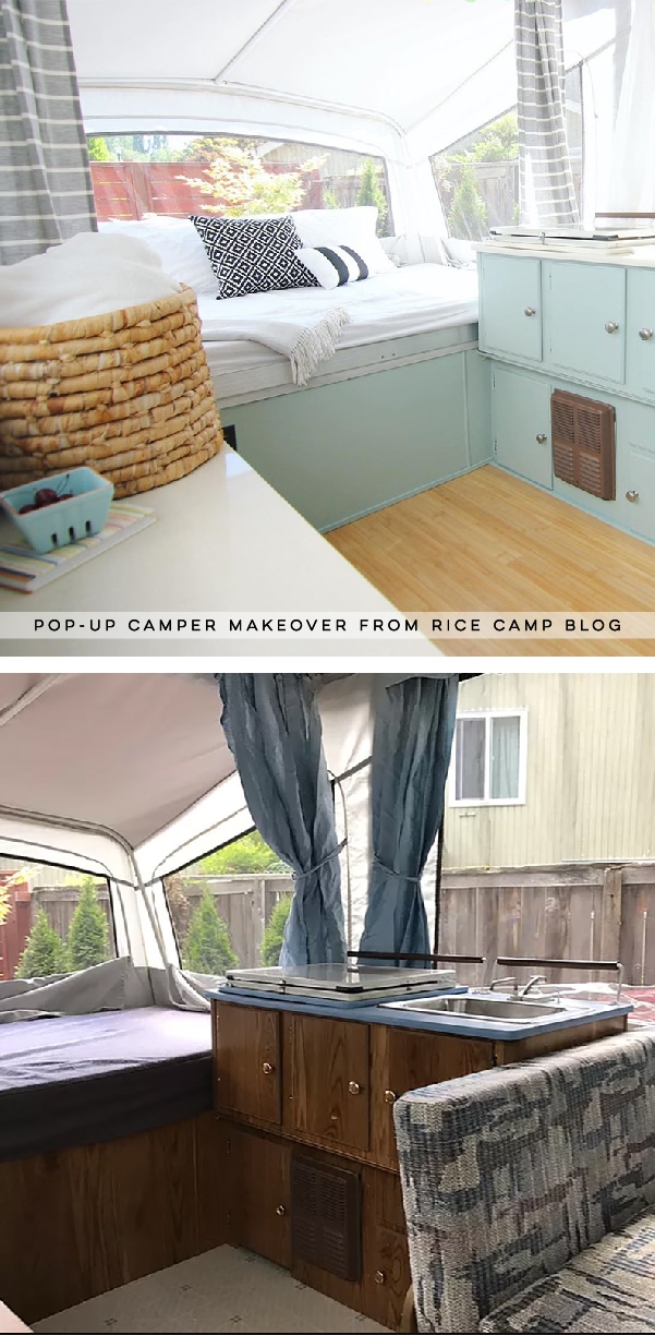 This pop-up camper makeover is bright, airy, and ready for summer! Photo from Rice Camp Blog | Featured on MountainModernLife.com