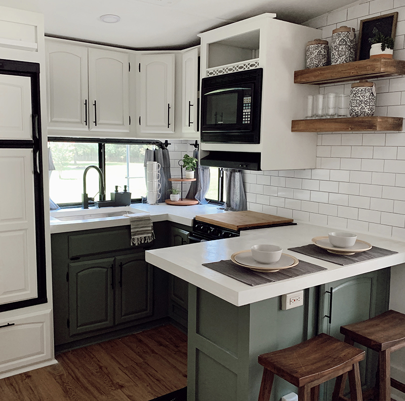 5th Wheel Kitchen remodel with green cabinets Featuring @karleemmarsh on MountainModernLife.com
