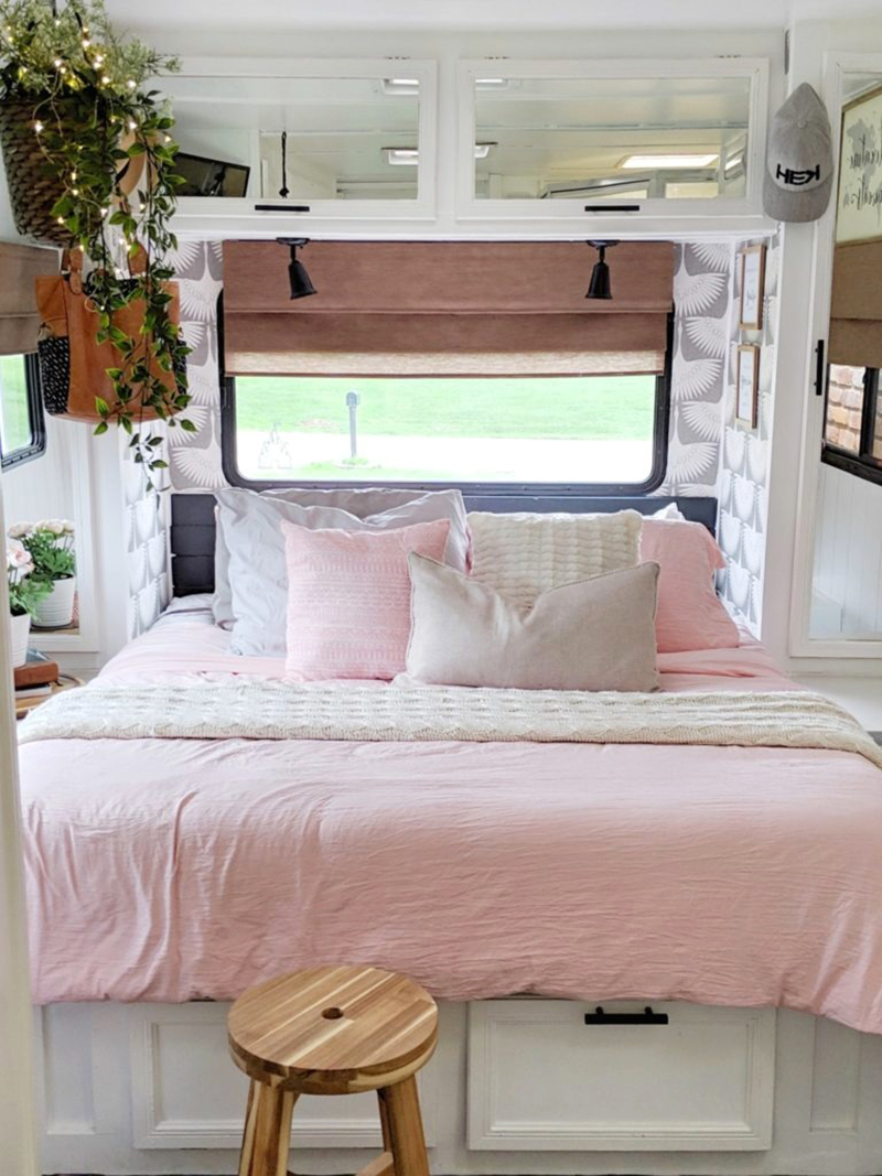 White and Pink RV Bedroom Makeover