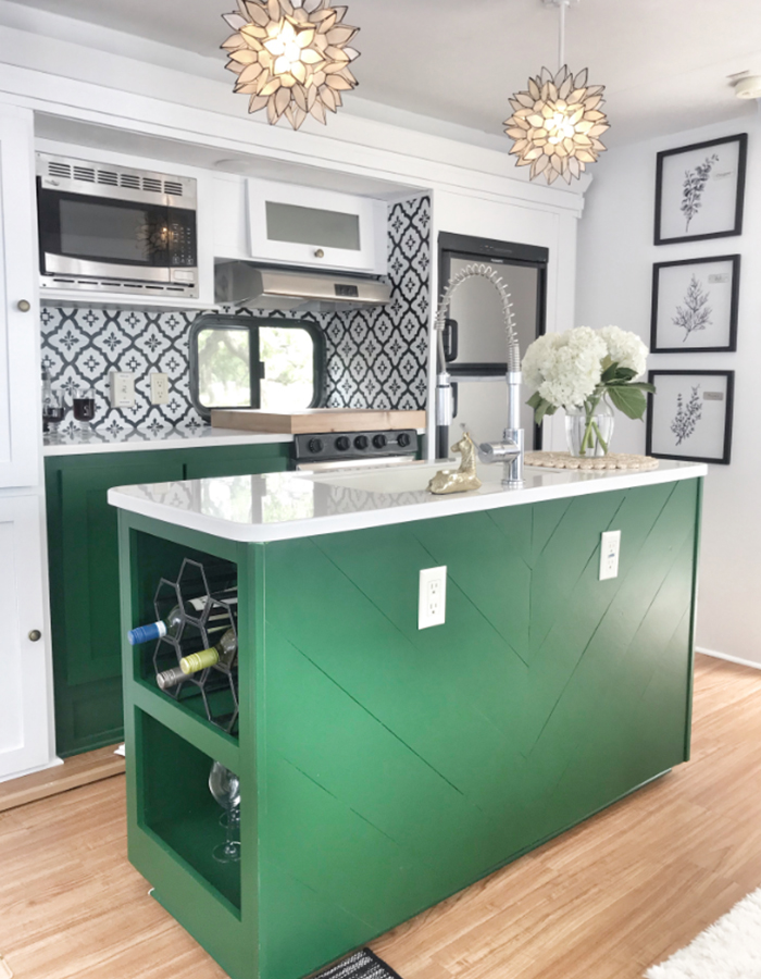 5th Wheel Kitchen Renovation with green cabinets