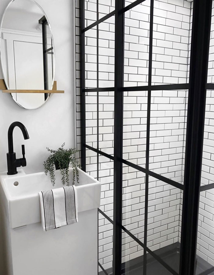 modern 5th wheel bathroom renovation from RV designer @rvfixerupper