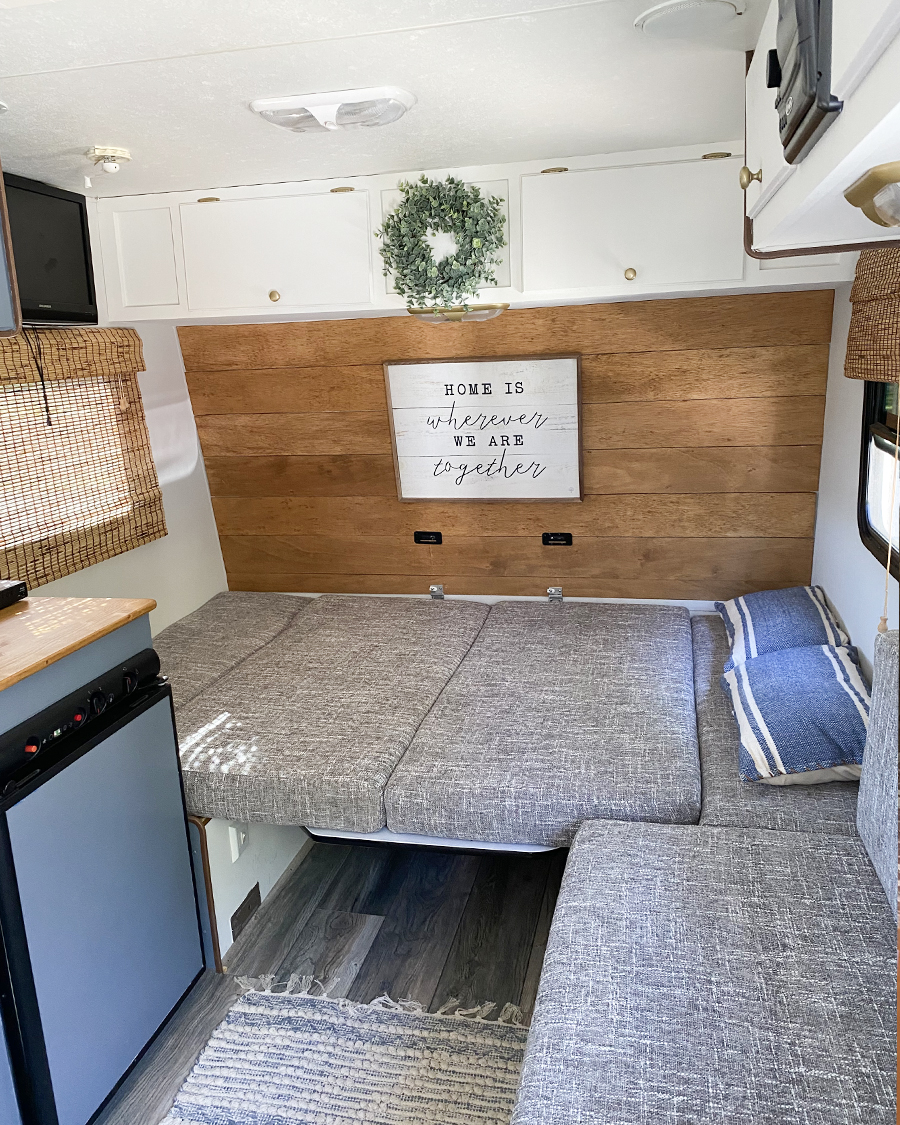 camper renovation with reupholstered cushions