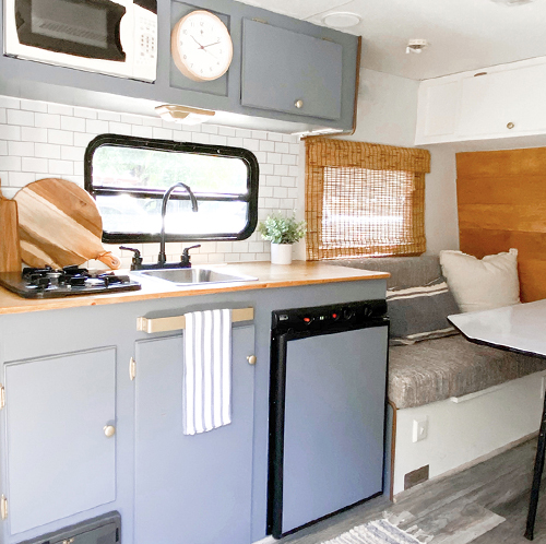 camper with gray cabinets