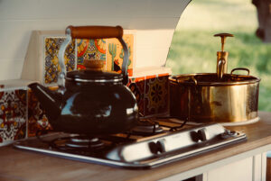 tiny camper kitchen with repurposed sink